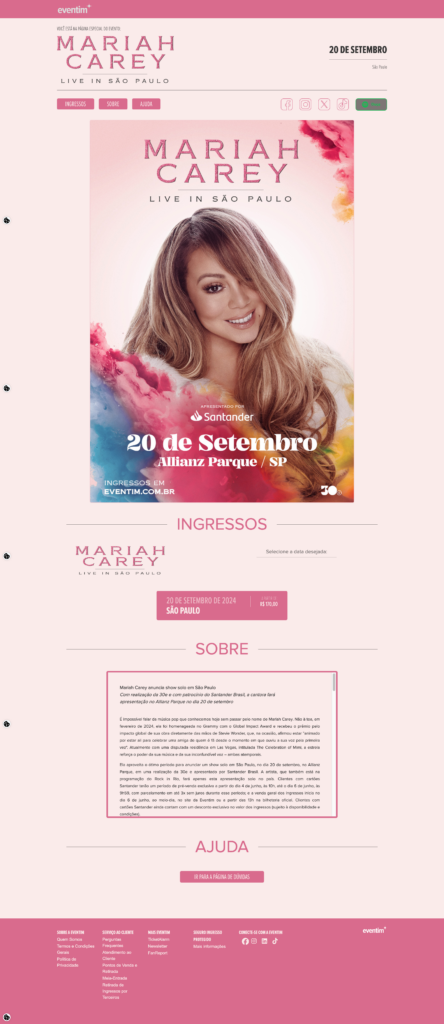 Landing Page de venda de ingressos da Mariah Carey no Brasil