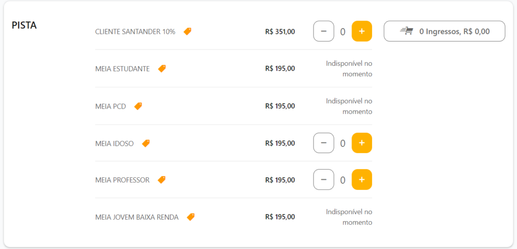 pista normal pre-venda de ingressos